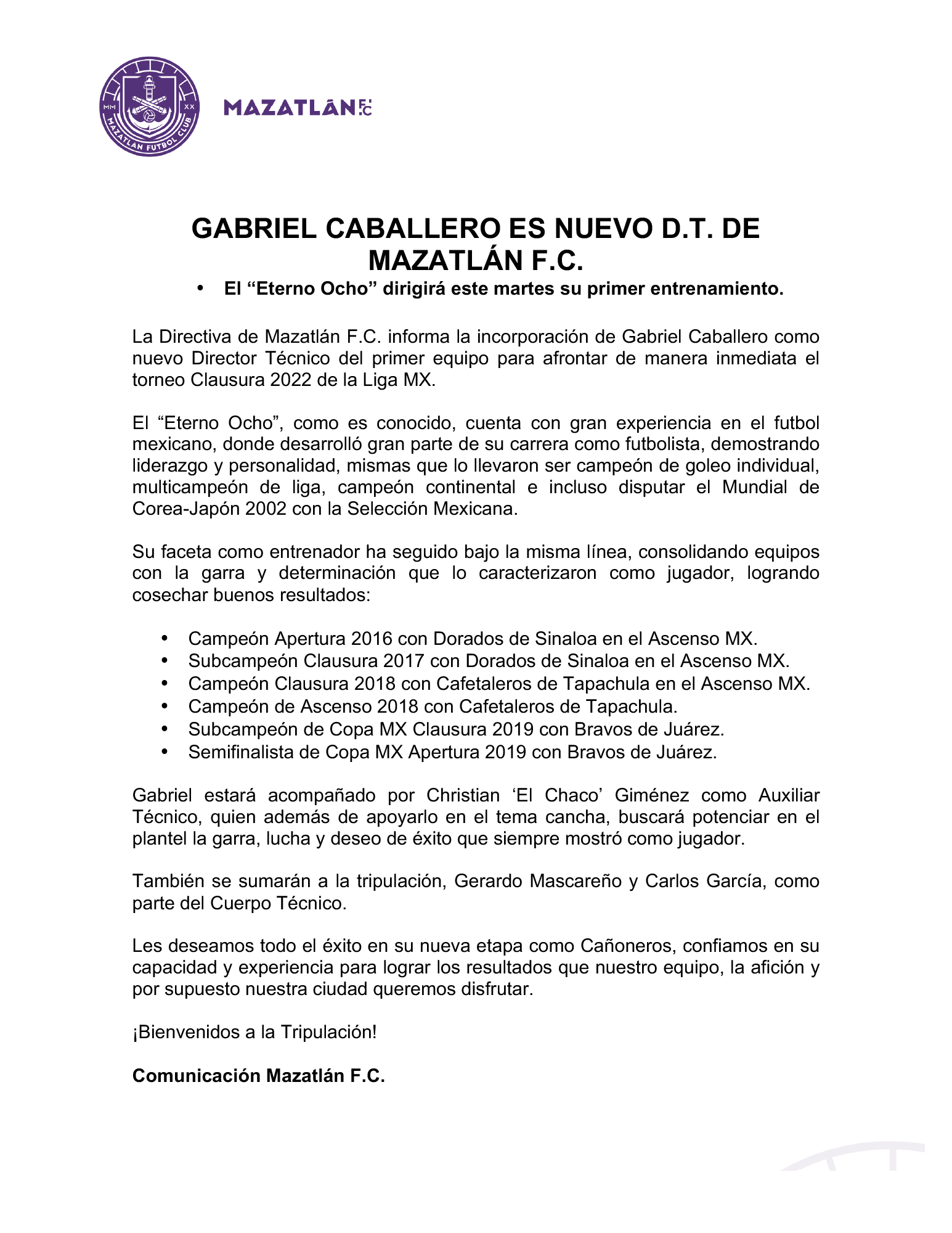 $!Mazatlán FC hace oficial la llegada de Gabriel Caballero como director técnico