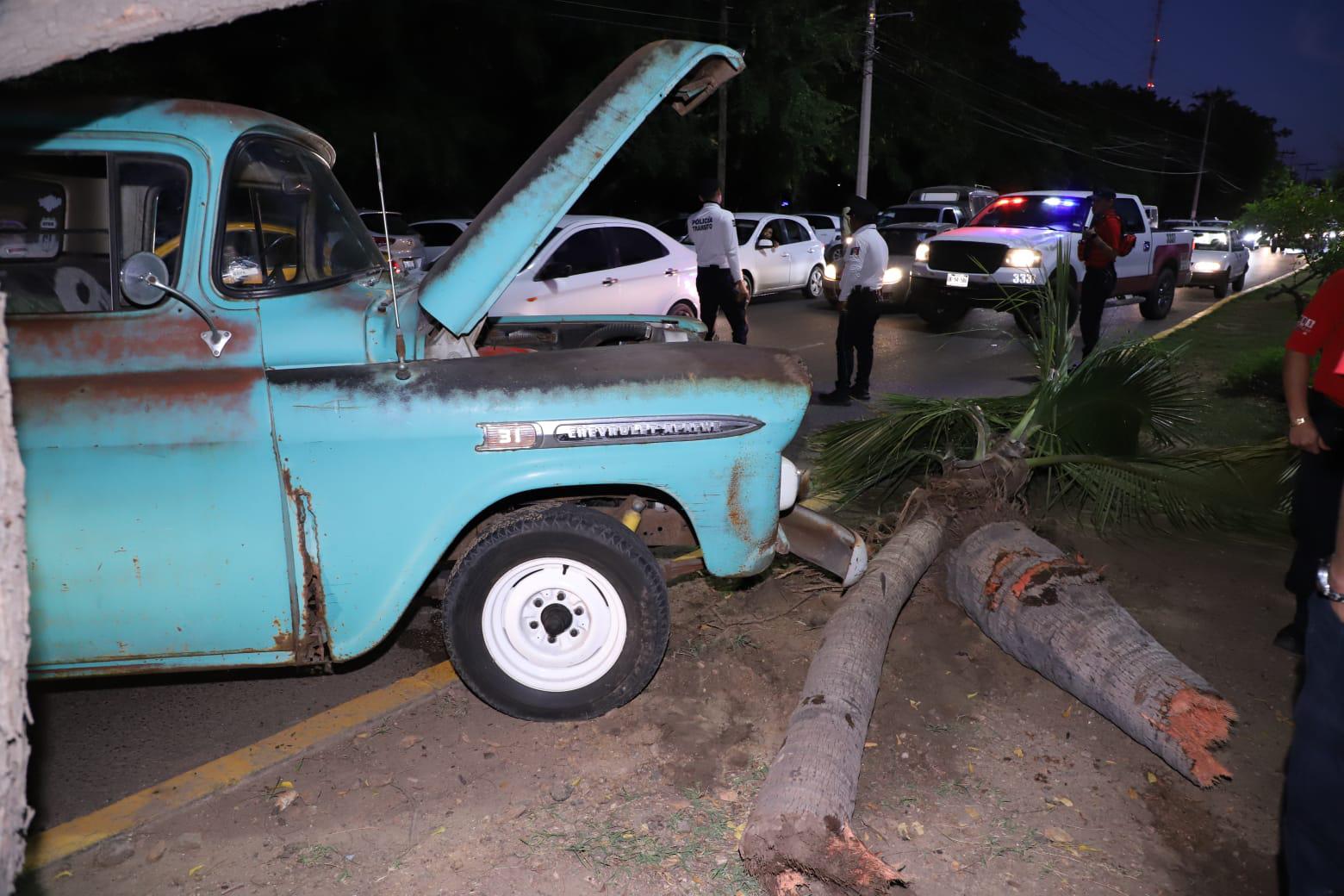 $!Camioneta choca y derriba palmera frente al Parque Central en Mazatlán