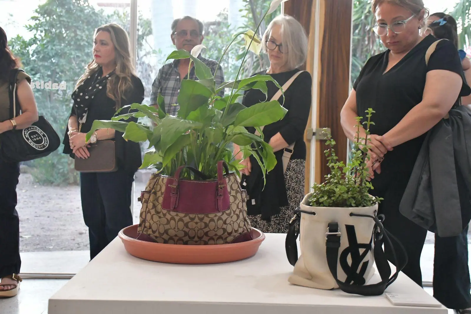 $!Bolsas de marca convertidas en macetas forman parte de la exposición.
