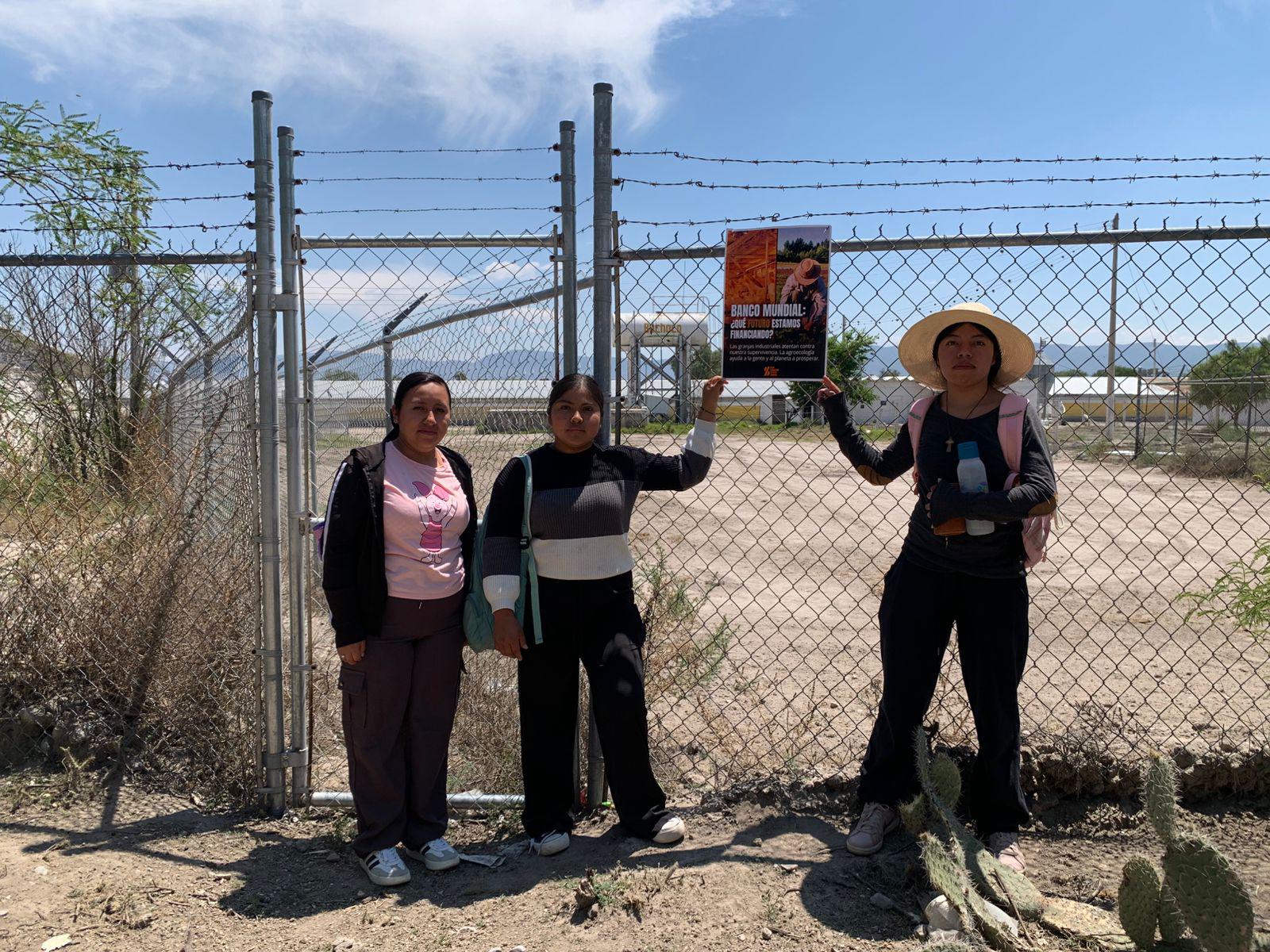 $!Protesta simbólica de mujeres del pueblo ngiwa frente a una planta productora de pollo en San Marcos, Puebla, durante el Día Global de Acción convocado por la Coalición Alto al Financiamiento de las Granjas Industriales.