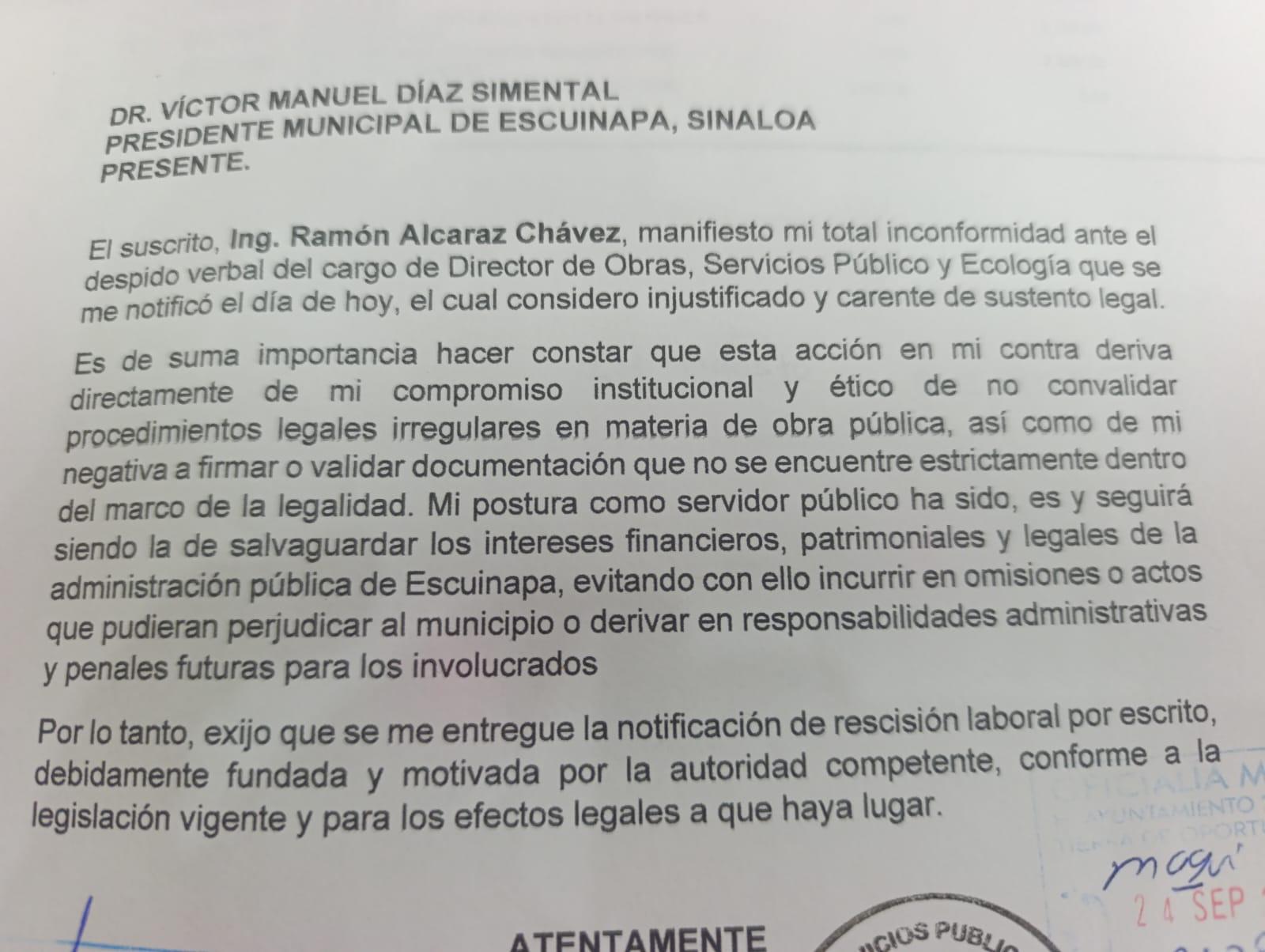 $!Confirma Ramón Alcaraz despido como director de Obras en Escuinapa