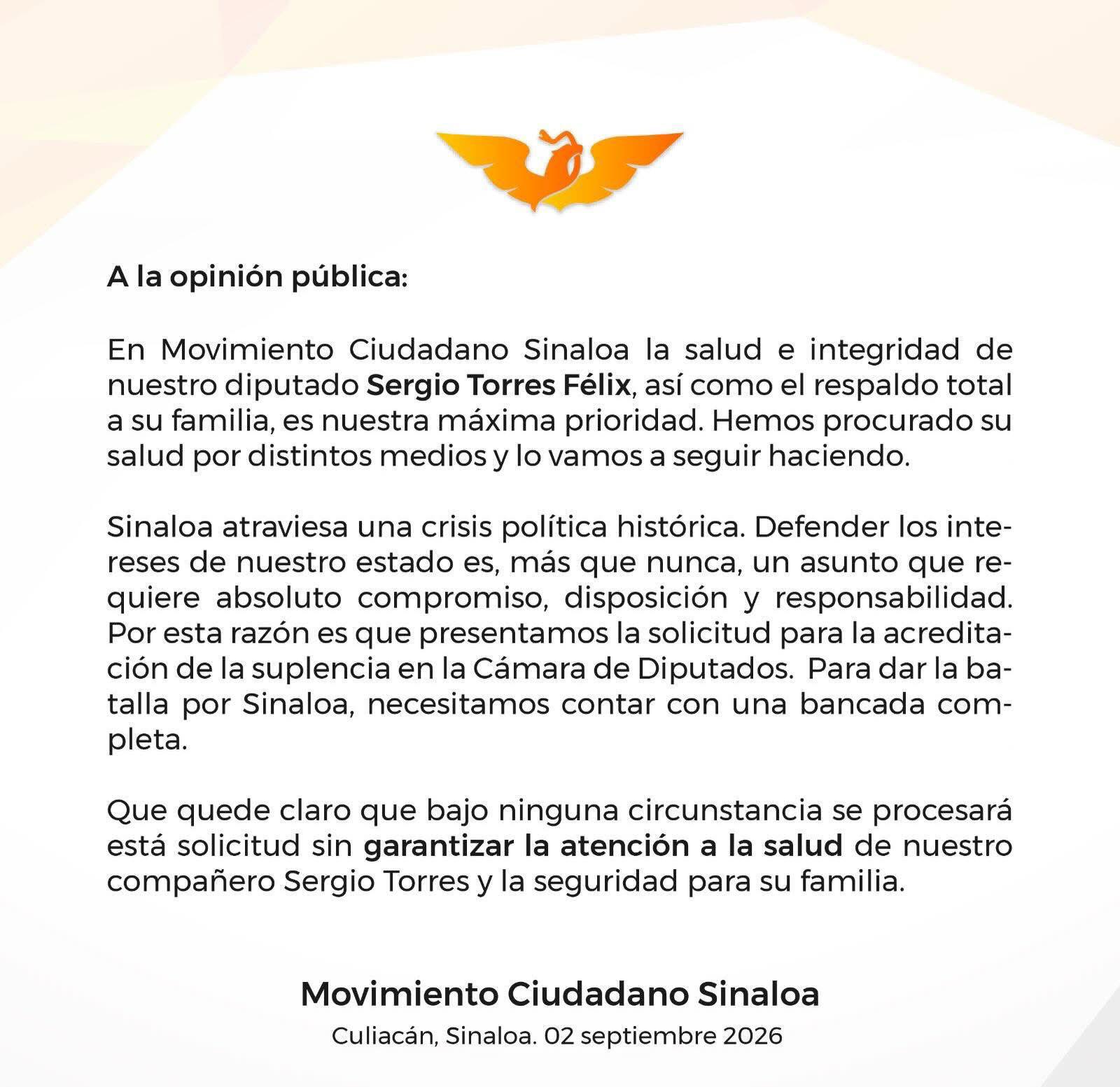$!MC condiciona suplencia de Sergio Torres a garantizar su salud y seguridad familiar