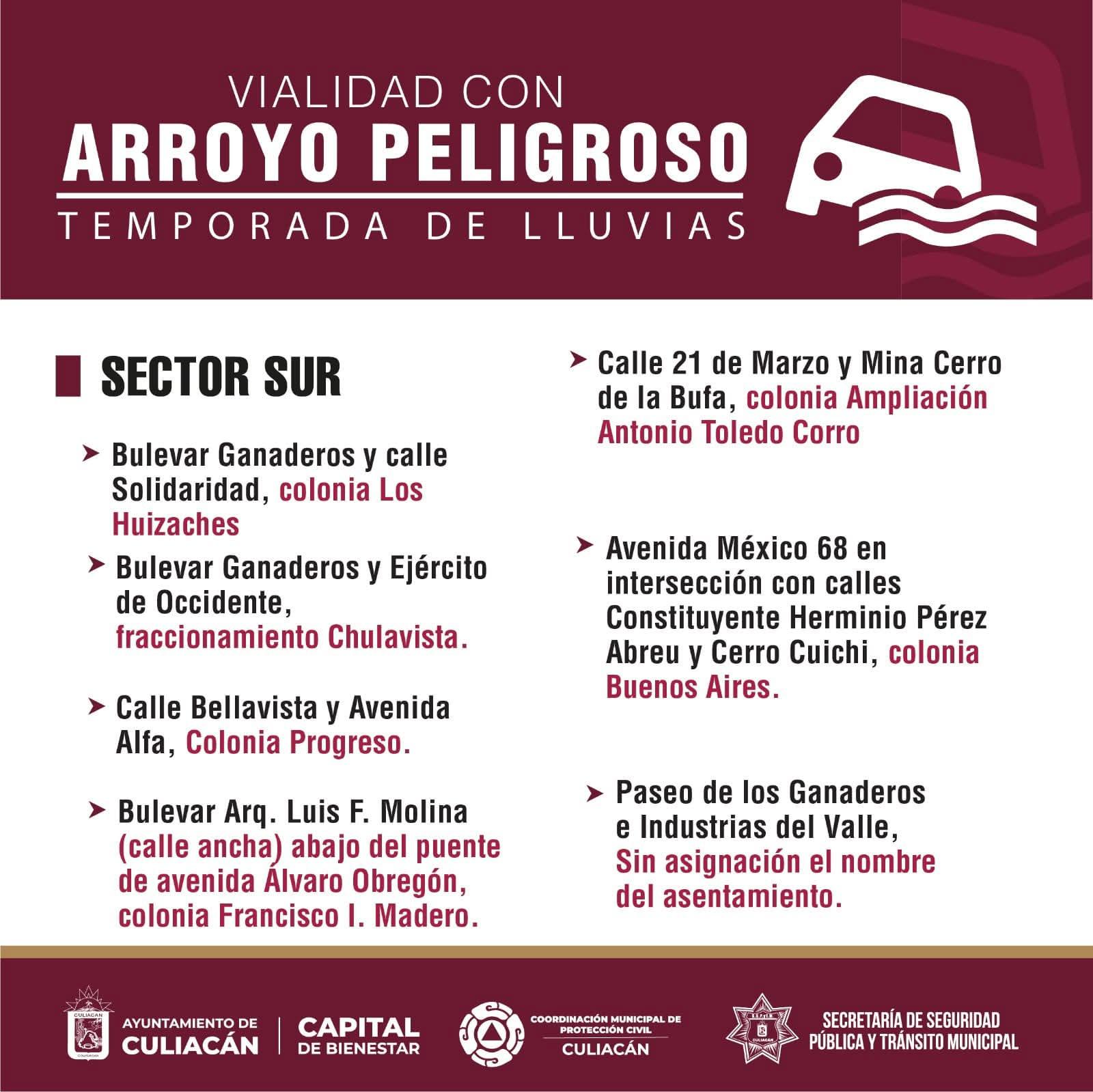 $!Estas son las vialidades con mayor riesgo durante lluvias en Culiacán, según Protección Civil