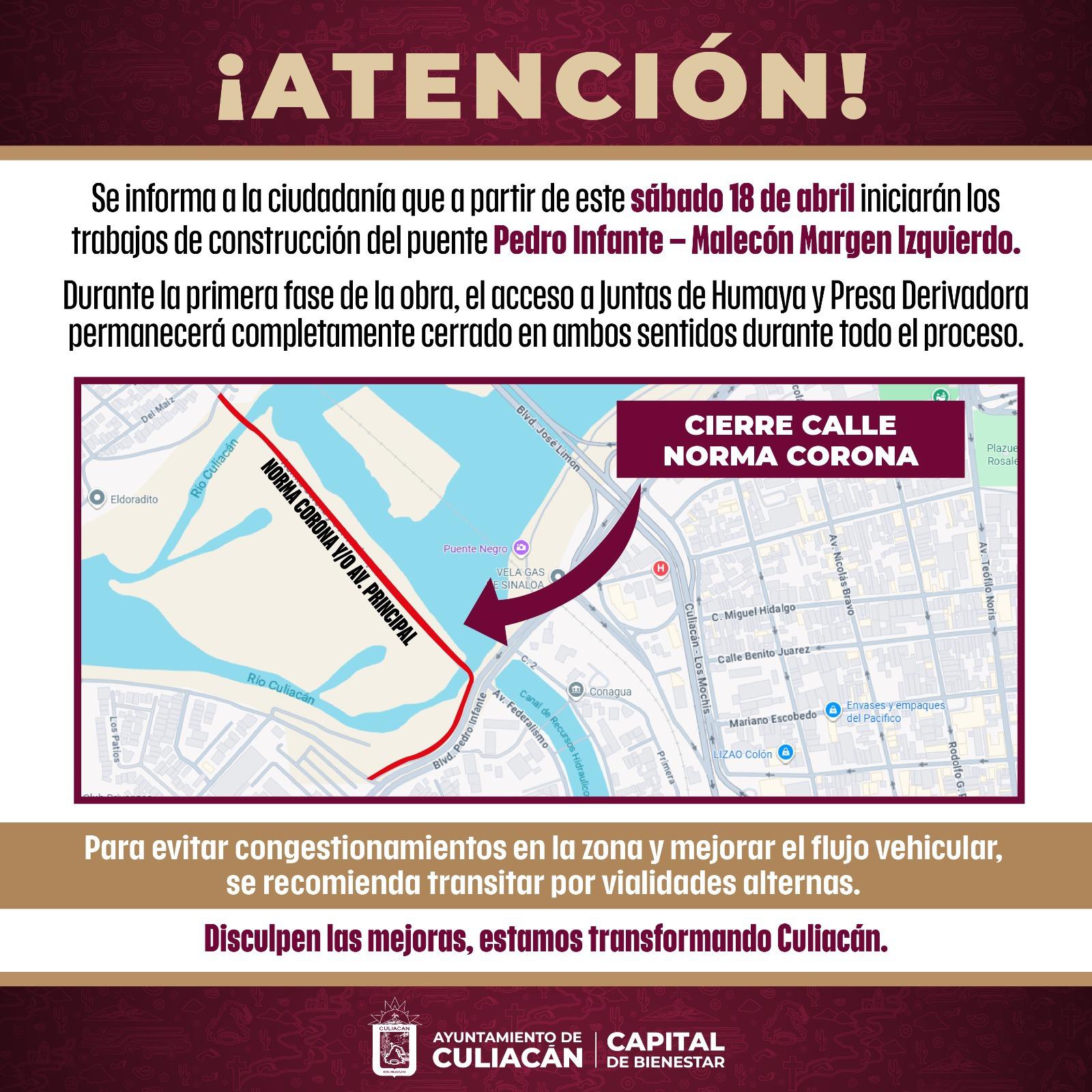 $!Cerrarán accesos a Juntas de Humaya y Presa Derivadora por construcción de nuevo puente