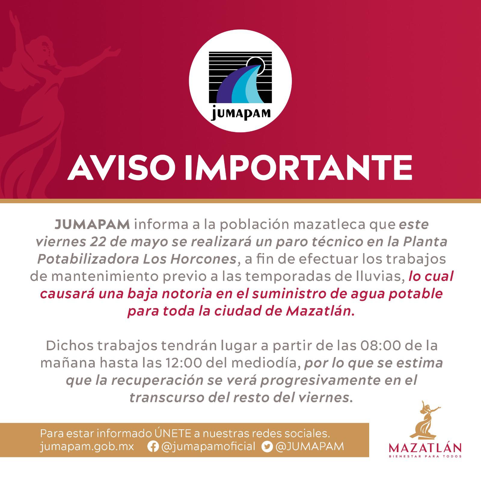 $!Anuncia Jumapam disminución del suministro de agua en todo Mazatlán el viernes