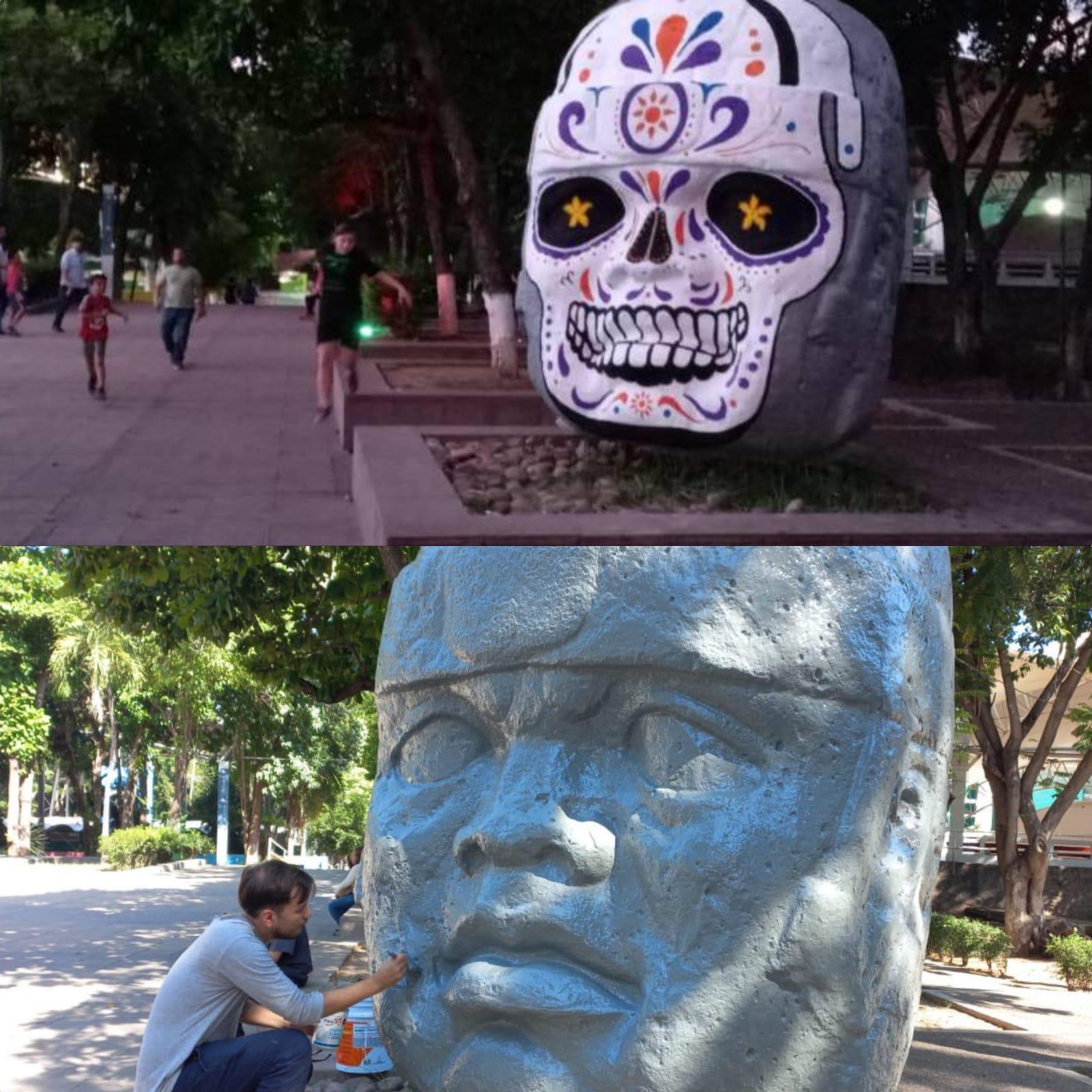 $!Tras polémica, regresan a su color original la cabeza olmeca del Parque Constitución, en Culiacán