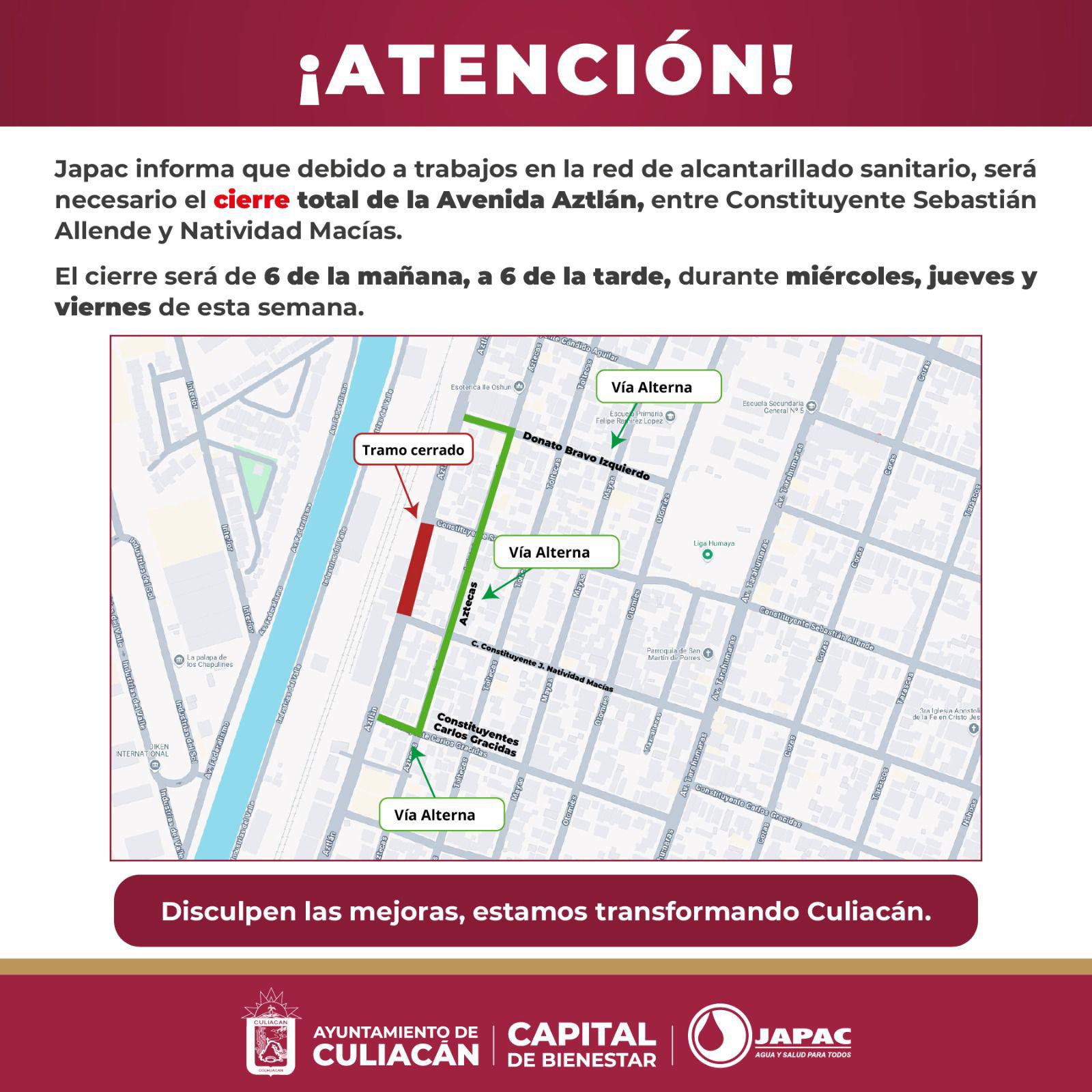 $!Debido a trabajos en la zona, Japac cerrará tramo de la Aztlán en El Palmito