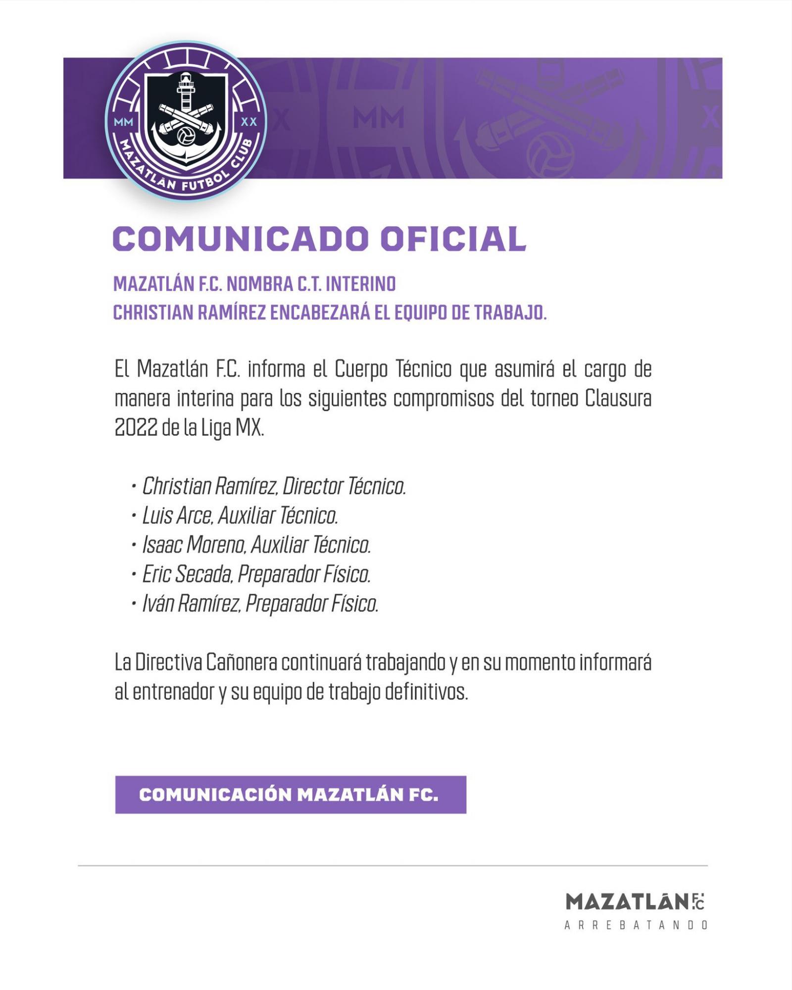 $!Christian Ramírez será el director técnico interino del Mazatlán FC