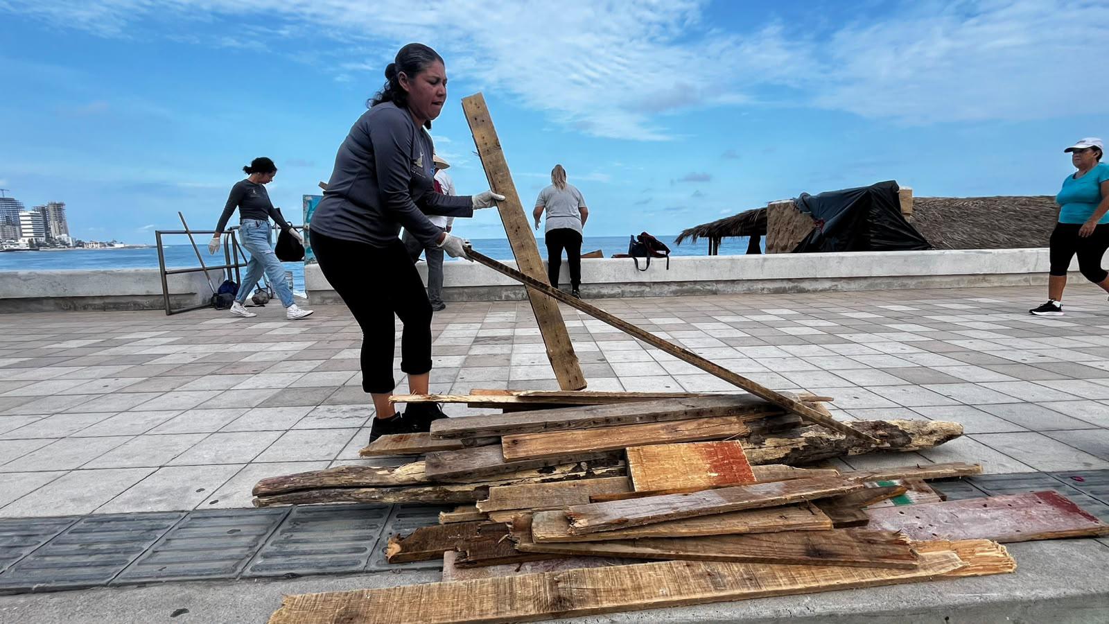 $!Retira Operadora de Playas de Mazatlán restos de madera y basura que arrojó el oleaje provocado por mar de fondo