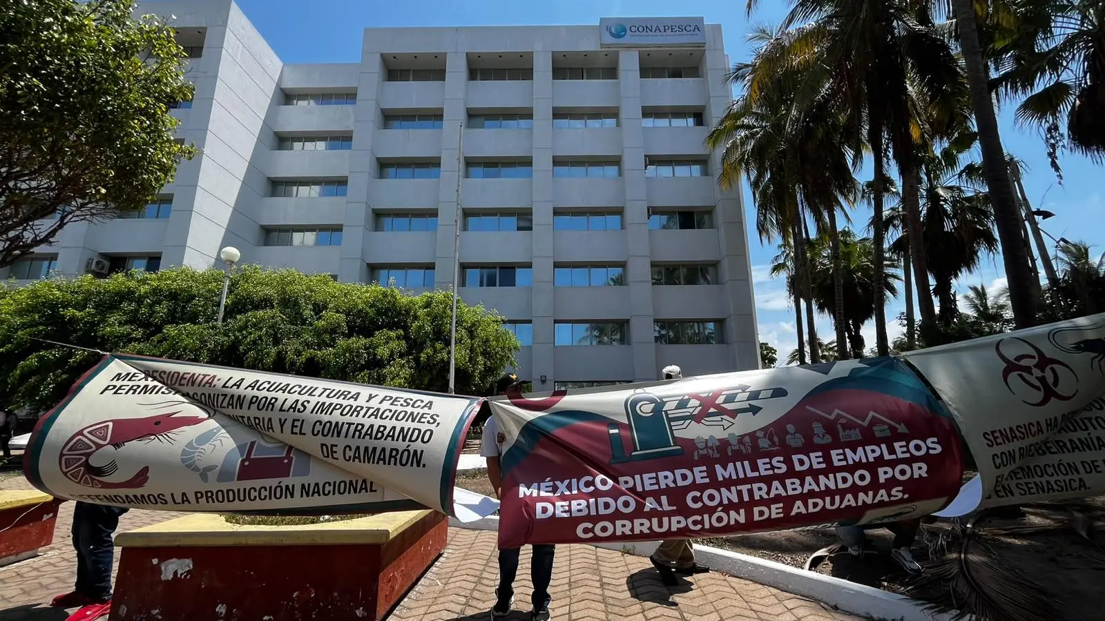 $!Productores acuícolas protestan en zona turística de Mazatlán y toman Conapesca