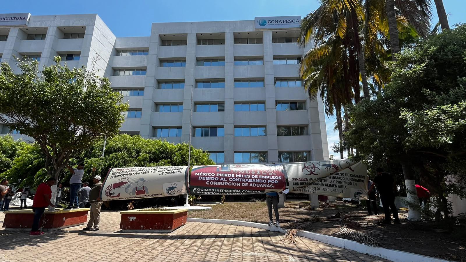$!Productores de camarón cierran la Camarón Sábalo y toman la Conapesca en Mazatlán; generan caos vehicular