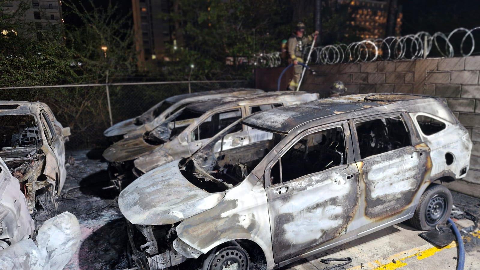 $!Incendio de palmeras y maleza alcanzan vehículos de una agencia automotriz en Mazatlán