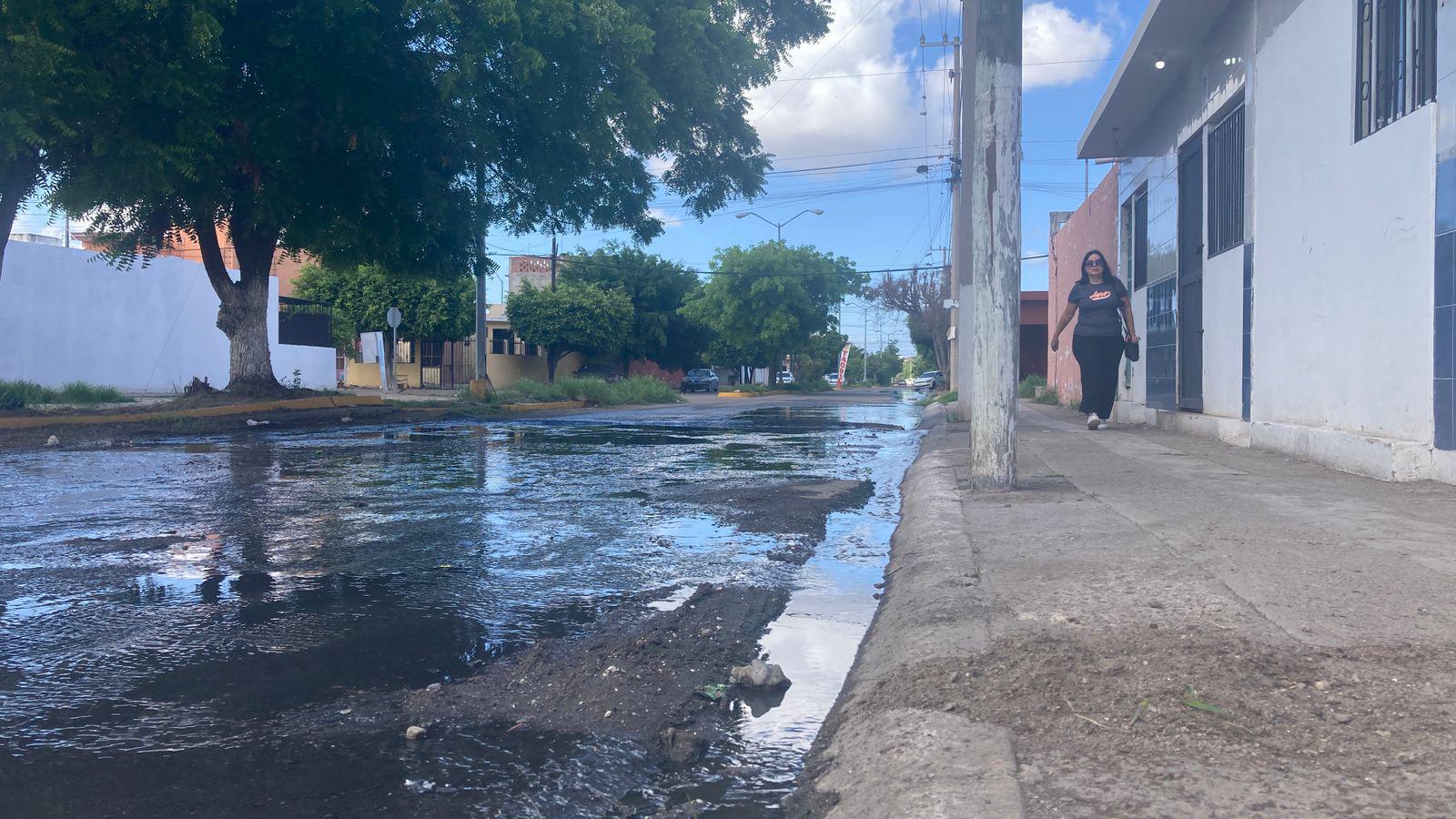 $!Mega fuga de aguas negras y fétidos olores corre por varias calles de Villa Verde y Bugambilias, en Mazatlán