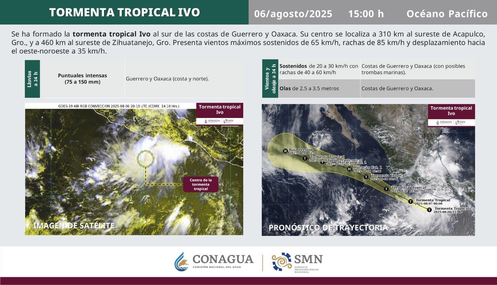 $!Se forma tormenta tropical Ivo frente a las costas de Guerrero y Oaxaca
