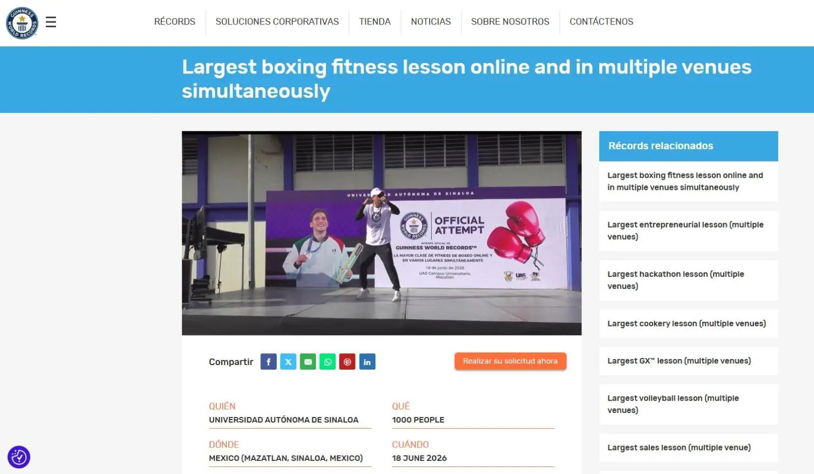 $!La UAS recibe certificado del Récord Guinness por la clase masiva de boxeo fitness liderada por Marco Verde