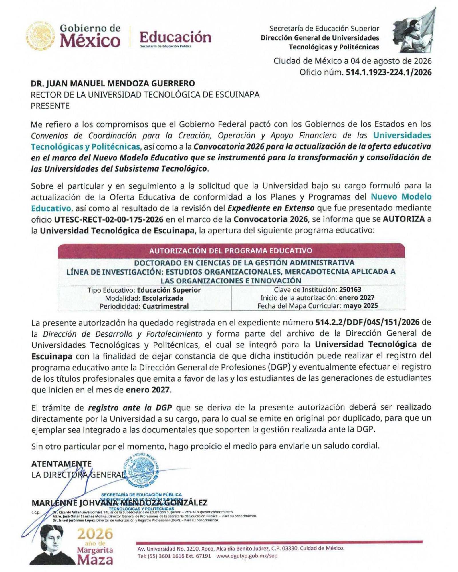 $!La Universidad Tecnológica de Escuinapa obtiene autorización para impartir Doctorado en Ciencias de la Gestión Administrativa