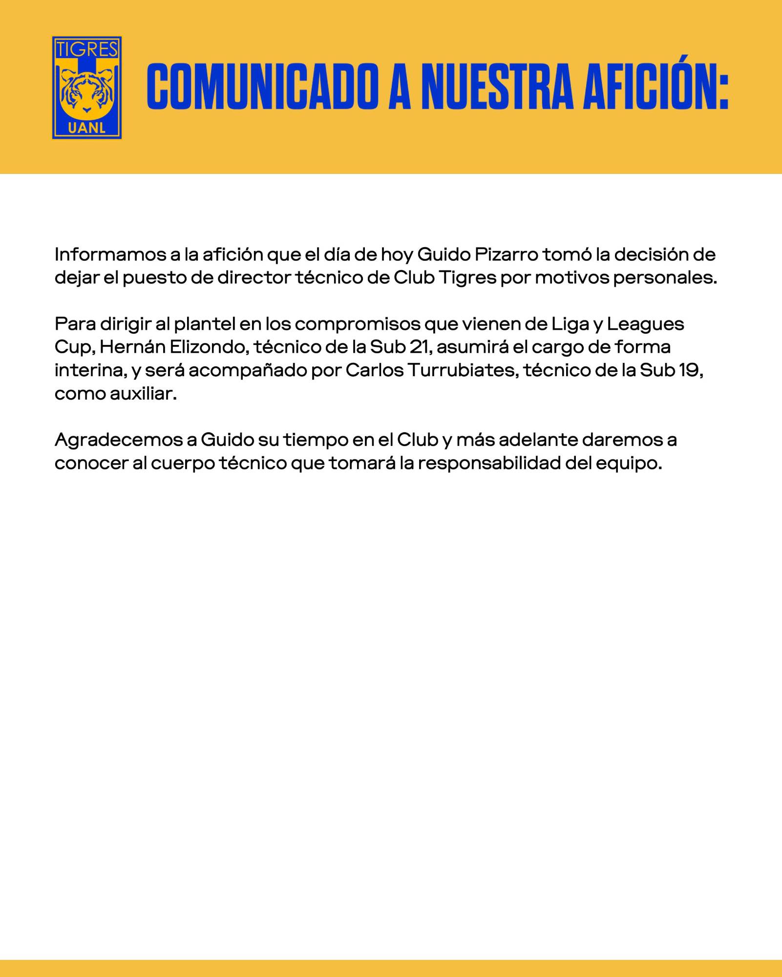 $!Guido Pizarro deja la dirección técnica de Tigres
