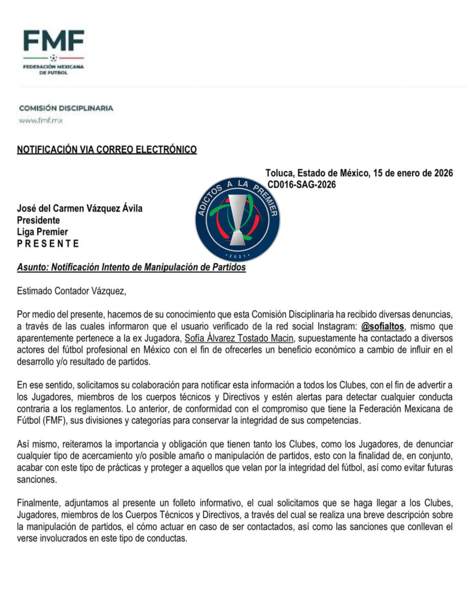 $!FMF investiga a Sofía Álvarez Tostado por presunto amaño de partidos