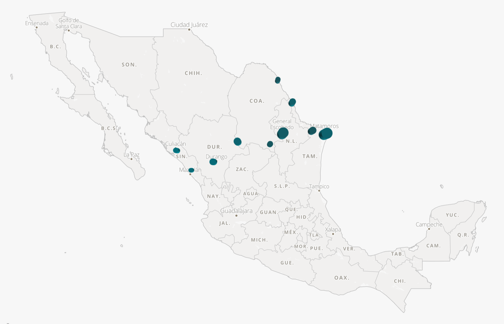 $!Para observar las diferencias entre los mapas es necesario deslizar las flechas de izquierda a derecha. En 2009, los diez municipios con más personas desaparecidas fueron: Torreón (182), Piedras Negras (39), Culiacán (32), Coahuila; Nuevo Laredo (75), Matamoros (59), Reynosa (50), Tamaulipas; Monterrey (69), Nuevo León; Guadalajara, Jalisco (60); Juárez (57), Cuauhtémoc (39), Chihuahua; y Puebla (39), Puebla. En 2010, los municipios que sufrieron más este crimen fueron: Matamoros (397), Reynosa (164), Nuevo Laredo (135), Tamaulipas; Monterrey (372), Guadalupe (61), Nuevo León; Torreón (182), Saltillo (108), Piedras Negras (76), Coahuila; Durango (145), Durango; Culiacán (92) y Mazatlán (65), Sinaloa.