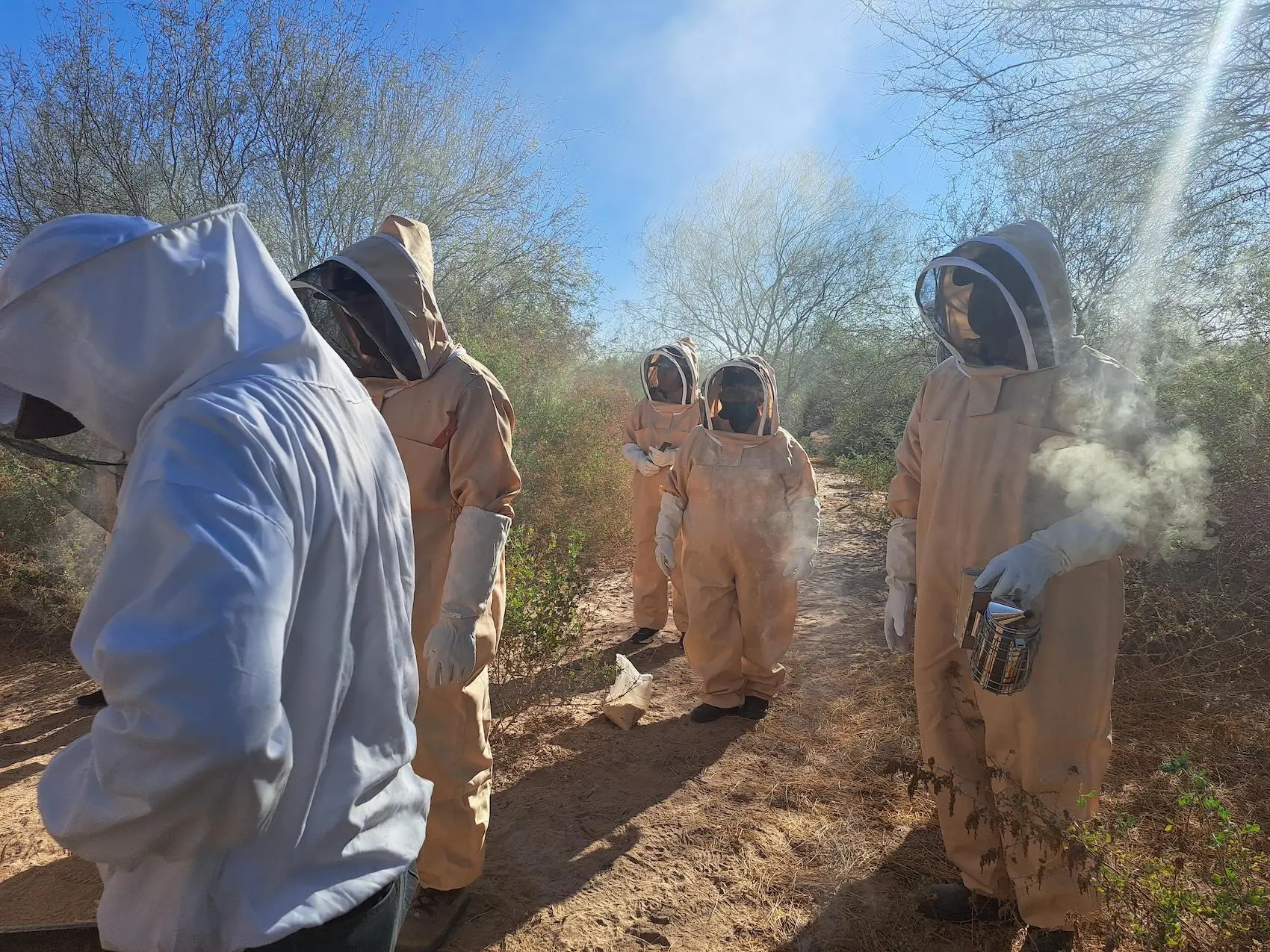 $!Colaboradores del taller de apicultura realizando prácticas de campo.