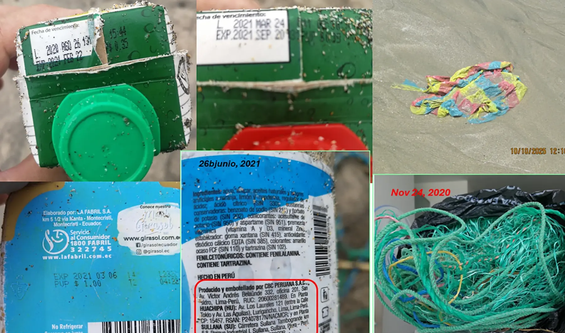 $!Las imágenes muestran las fechas de caducidad y de elaboración de los residuos plásticos, así como la bolsa colorida y los hilos de artes de pesca documentados en una playa de Salinas. Se encontró una bolsa similar a 3925 metros de profundidad.
