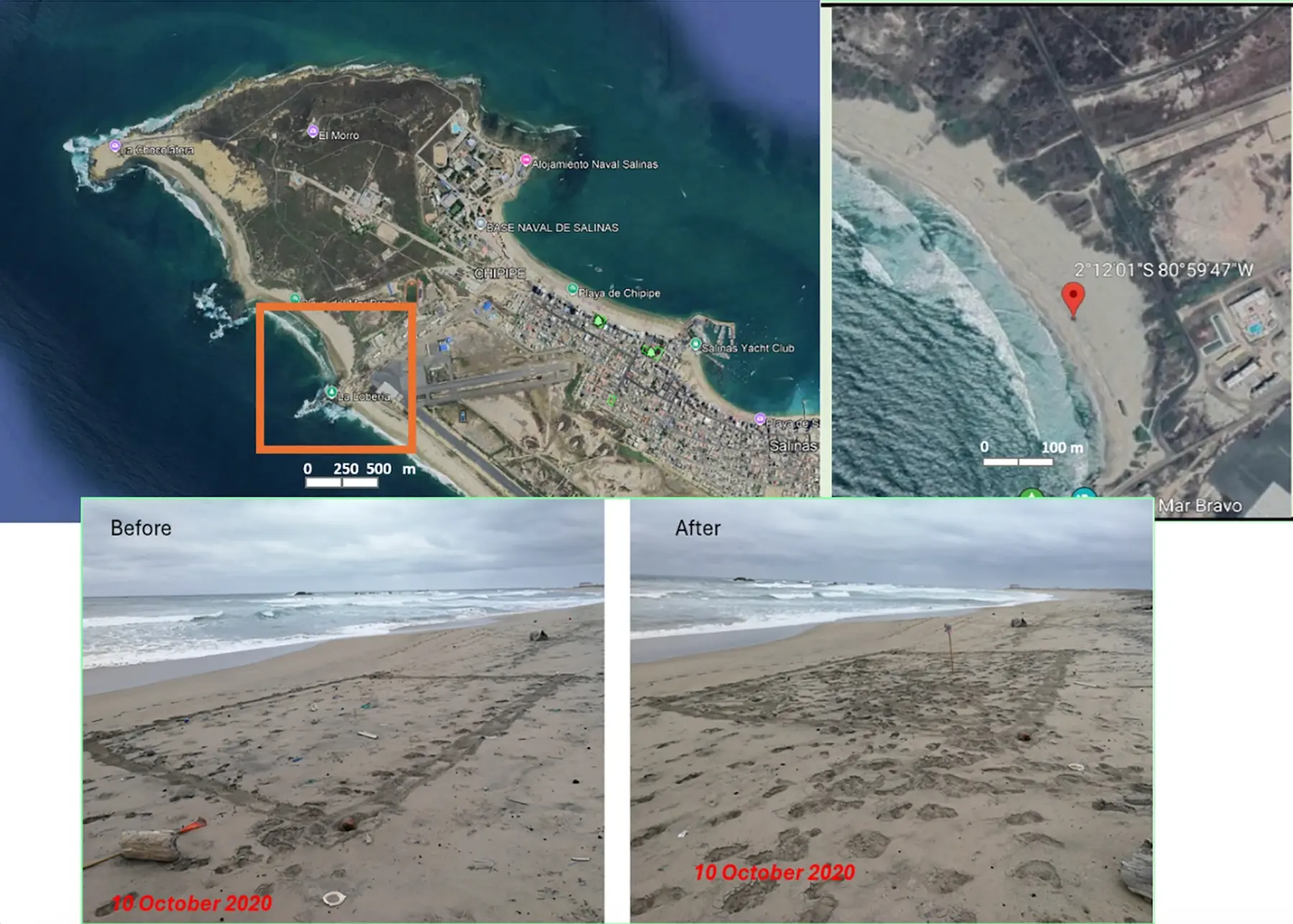 $!El área de muestreo en la estación de Salinas, antes y después de la recolección de residuos plásticos. El área de muestreo se encuentra en la zona intermareal.