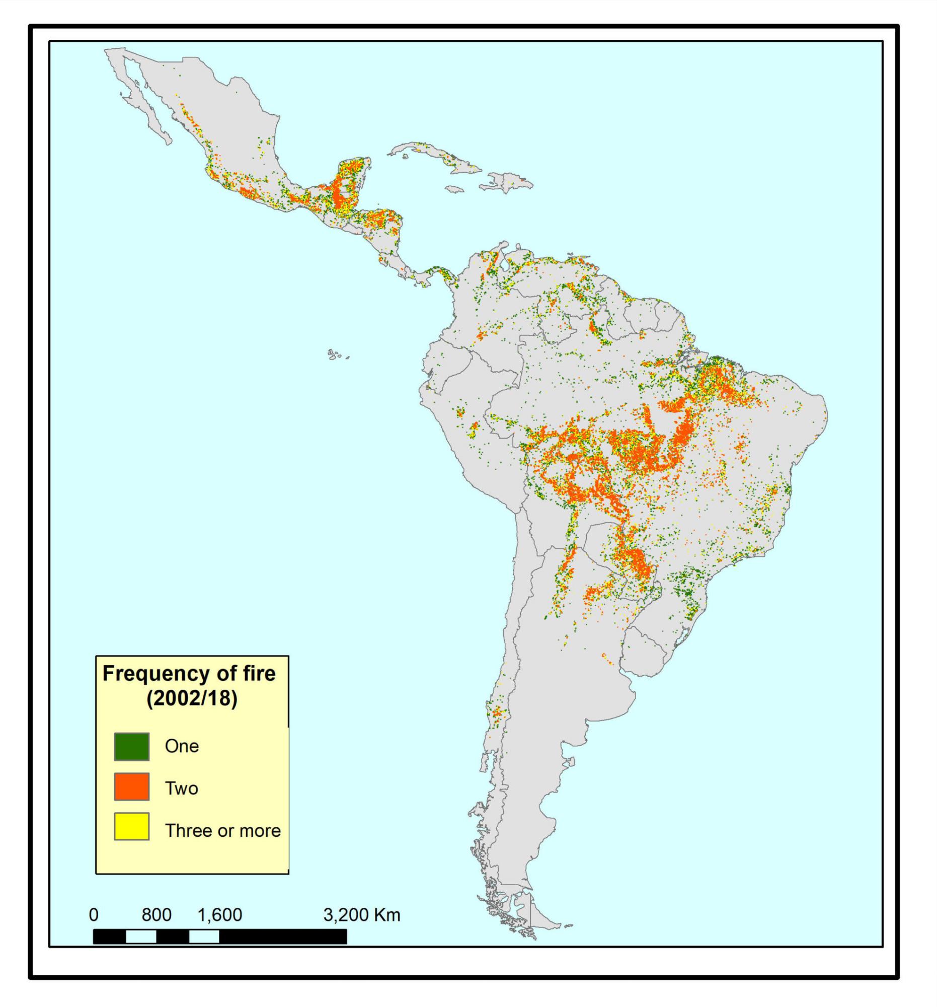 $!Frecuencia de incendios entres 2002 y 2018. Verde = 1 incendio. Rojo = 2 incendios. Amarillo = 3 o más incendios. Fuente: Artículo ‘Pérdida inducida por incendios de los bosques con mayor biodiversidad del mundo en Latinoamérica’.