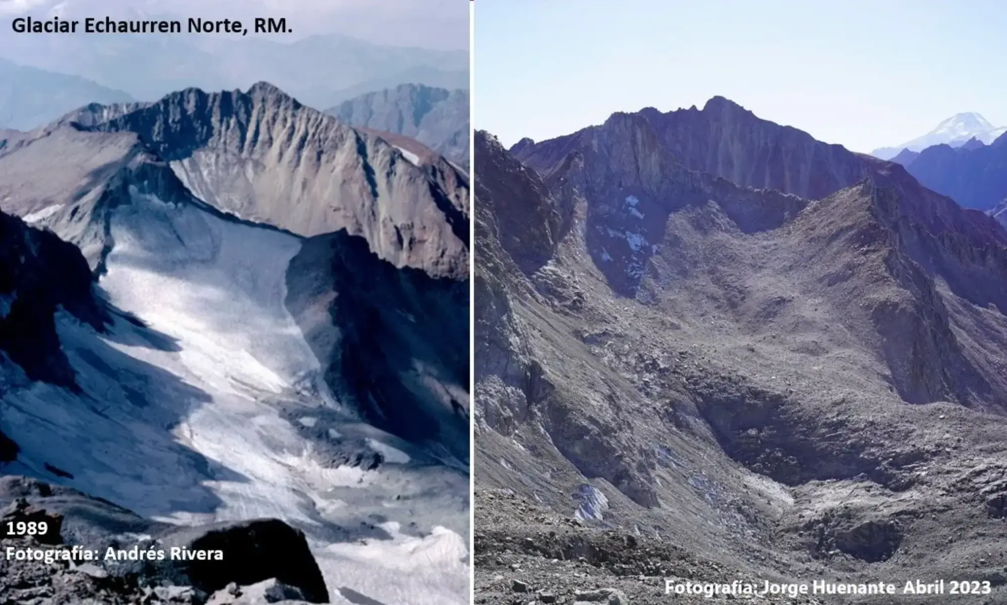 $!En décadas recientes este glaciar ha disminuido en área y volumen debido a su balance de masa negativo acumulado. Esta es una comparación del glaciar en 1989 y 2023 Fuente: Inventario Público de Glaciares de Chile, 2025, DGA, Chile