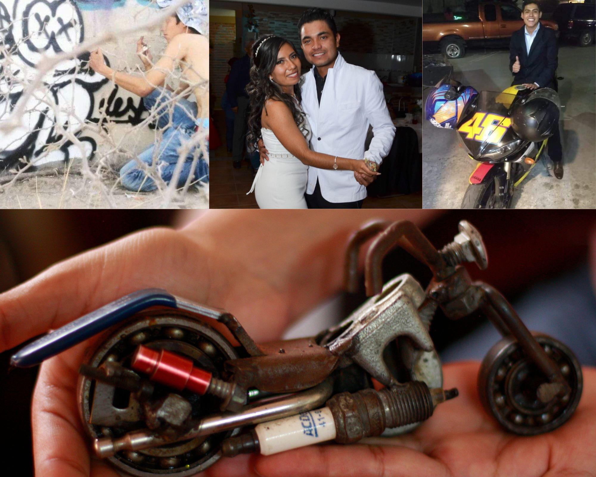 $!Arriba, de izquierda a derecha, Israel, cuyo nombre artístico es Soul, dibujando la ratita que utiliza como firma; Jorge durante el baile de boda de su sobrina Paola, y Calep con su motocicleta, que solo pudo conducir desde la agencia a su casa. Abajo, la motocicleta hecha por Alan que decora la sala de su casa.