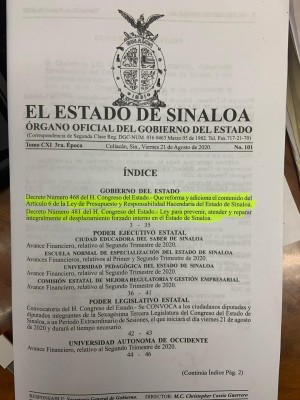 Publica Ejecutivo estatal dos decretos del Legislativo en Periódico Oficial