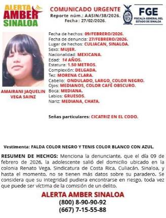 Amairani Jacquelin, de 14 años de edad, tiene tres semanas extraviada en Culiacán.