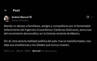 AMLO expresó sus condolencias por la muerte del ingeniero Cuauhtémoc Cárdenas Solórzano.