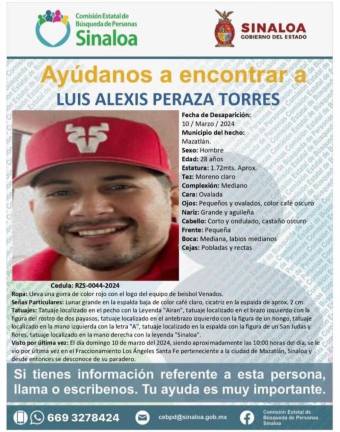 Luis Alexis Peraza Torres está desaparecido en Mazatlán.