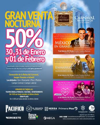 El Instituto de Cultura, Turismo y Arte de Mazatlán anuncian la tradicional venta nocturna con descuentos en la compra de boletos para las coronaciones de Carnaval 2024.