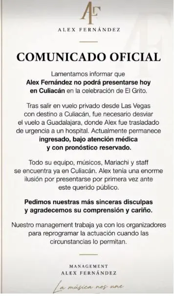 $!Alex Fernández cancela su presentación en ‘El Grito’ de Culiacán