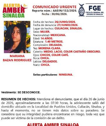 Mariana fue vista por última vez el viernes 26 de junio de 2026, en la comunidad de Pueblos Unidos.