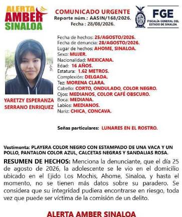 Yaretzy fue vista por última vez el día 25 de agosto en un domicilio ubicado en la comunidad del ejido Mochis.