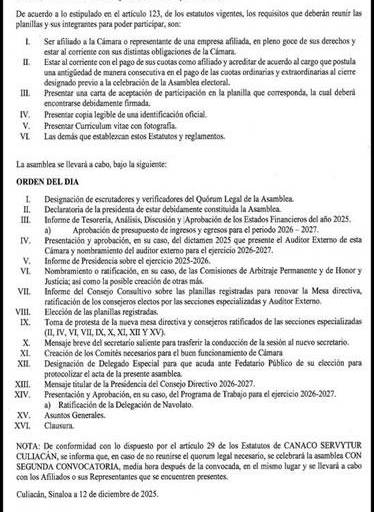 CANACO, SERVYTUR, Culiacán Convocatoria a la XCIV Asamblea General Ordinaria de Afiliados