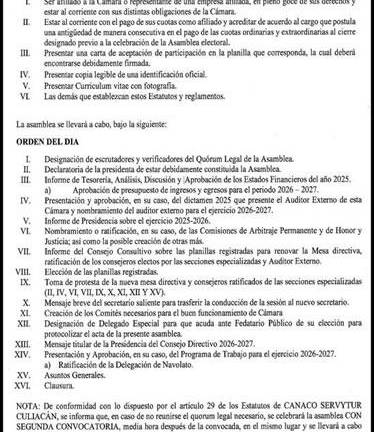 CANACO, SERVYTUR, Culiacán Convocatoria a la XCIV Asamblea General Ordinaria de Afiliados