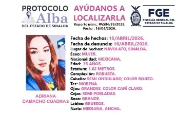 Adriana Camacho Cuadras, de 35 años y agente activa de la Policía Municipal de Navolato, fue reportada como desaparecida desde el 15 de abril.