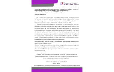 Mensaje de la colectiva No Se Metan con Nuestras Hijas ante la violencia contra las mujeres en Sinaloa.