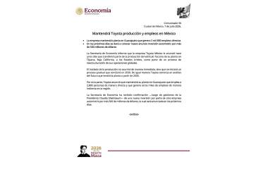 Comunicado del Gobierno de México sobre la operación de la planta de Toyota.