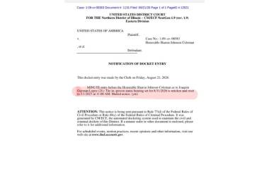 Documento de la Corte federal en Illinois que notifica el cambio de fecha de la audiencia de Joaquín Guzmán López.
