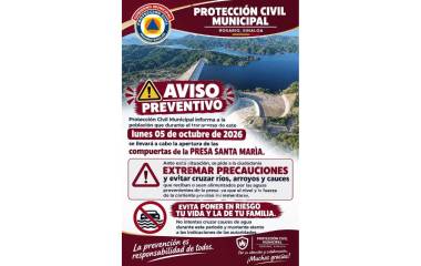 Aviso de Protección Civil de Rosario sobre la apertura de compuertas de la Presa Santa María.