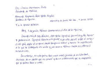 Carta que el Vicealmirante Manuel Roberto Farías Laguna envía a la Presidenta de México Claudia Sheinbaum Pardo.