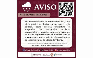 Aviso de la SEPyC sobre la suspensión de clases en Eldorado y Elota.