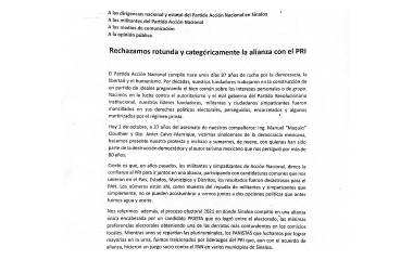 Parte del mensaje en el que panistas de Rosario rechazan que el PAN se alíe con el PRI para el próximo proceso electoral.