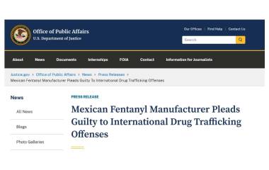 Un productor de fentanilo originario de Sinaloa se declara culpable ante la Corte de Estados Unidos.