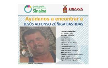 A casi un año de su desaparición en San Ignacio, se mantiene la búsqueda para localizar a Jesús Alfonso Zúñiga Bastidas.