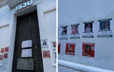 Manifestantes intervinieron la fachada del Instituto Sinaloense de la Juventud con consignas y fichas de personas desaparecidas.
